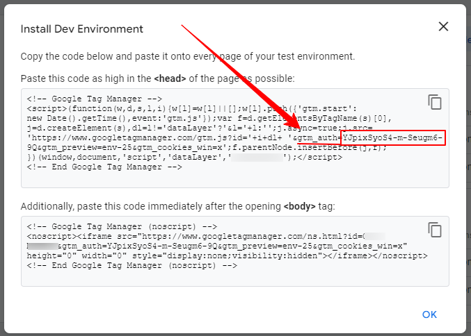 Find the gtm_auth environment parameter in the container code.